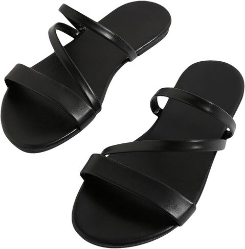 GORGLITTER Women's Metallic Strappy Open Toe Flat Sandal PU Leather Summer Slides Sandals in Saudi Arabia