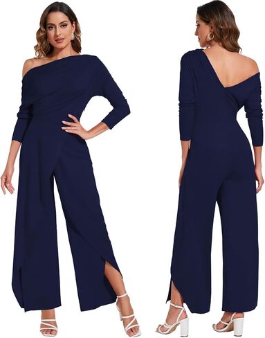 PaladMom Women's Casual Fall Elegant One Shoulder Long Sleeves Dressy for Work Wide Leg Pants Clubwear Party Jumpsuits in Kuwait