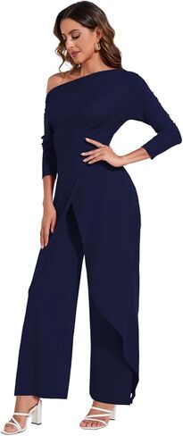 PaladMom Women's Casual Fall Elegant One Shoulder Long Sleeves Dressy for Work Wide Leg Pants Clubwear Party Jumpsuits in Kuwait