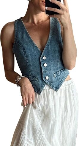 Miqil Women's Sleeveless Denim Vest Y2k Vintage Button Down V Neck Jean Corset Top Sexy Casual Waistcoat Jacket Streetwear in Kuwait