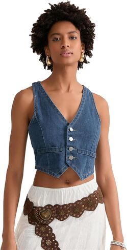 Miqil Women's Sleeveless Denim Vest Y2k Vintage Button Down V Neck Jean Corset Top Sexy Casual Waistcoat Jacket Streetwear in Kuwait