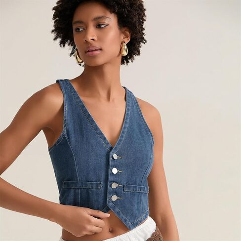 Miqil Women's Sleeveless Denim Vest Y2k Vintage Button Down V Neck Jean Corset Top Sexy Casual Waistcoat Jacket Streetwear in Kuwait