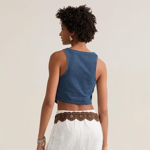 Miqil Women's Sleeveless Denim Vest Y2k Vintage Button Down V Neck Jean Corset Top Sexy Casual Waistcoat Jacket Streetwear in Kuwait