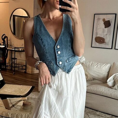 Miqil Women's Sleeveless Denim Vest Y2k Vintage Button Down V Neck Jean Corset Top Sexy Casual Waistcoat Jacket Streetwear in Kuwait