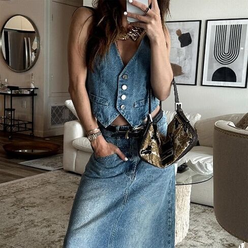 Miqil Women's Sleeveless Denim Vest Y2k Vintage Button Down V Neck Jean Corset Top Sexy Casual Waistcoat Jacket Streetwear in Kuwait