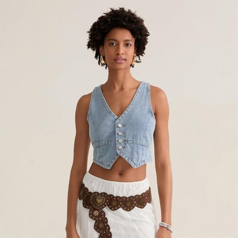 Miqil Women's Sleeveless Denim Vest Y2k Vintage Button Down V Neck Jean Corset Top Sexy Casual Waistcoat Jacket Streetwear in Kuwait