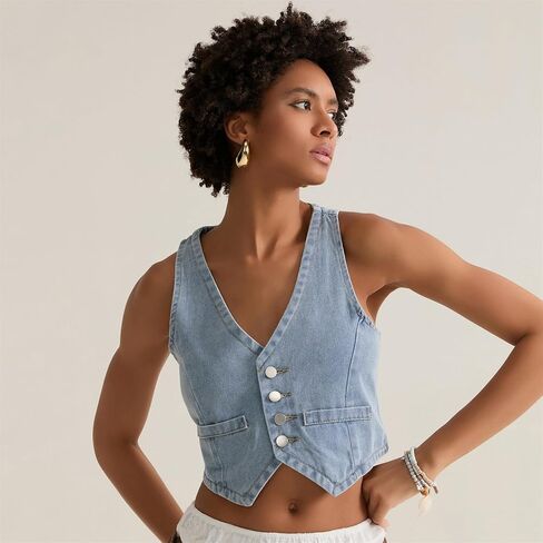 Miqil Women's Sleeveless Denim Vest Y2k Vintage Button Down V Neck Jean Corset Top Sexy Casual Waistcoat Jacket Streetwear in Kuwait