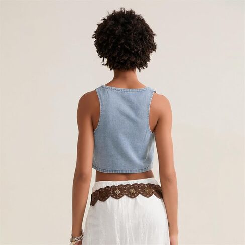 Miqil Women's Sleeveless Denim Vest Y2k Vintage Button Down V Neck Jean Corset Top Sexy Casual Waistcoat Jacket Streetwear in Kuwait