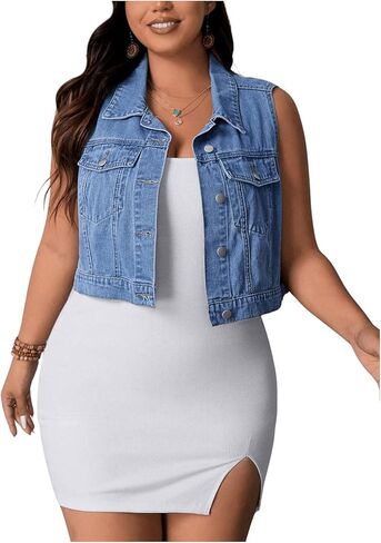 MakeMeChic Women's Plus Size Denim Vest Button Down Flap Pocket Jean Sleeveless Collar Crop Jacket Cowgirl Outfits in Kuwait