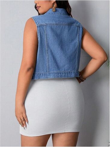 MakeMeChic Women's Plus Size Denim Vest Button Down Flap Pocket Jean Sleeveless Collar Crop Jacket Cowgirl Outfits in Kuwait