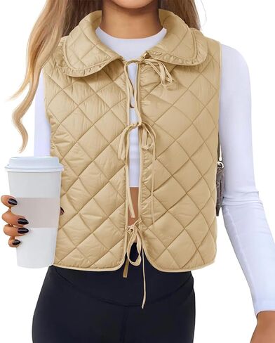 Tankaneo Womens Quilted Puffer Vest Tie Front Lightweight Sleeveless Outerwear Padded Gilet Jacket in Kuwait