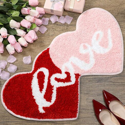 Hoolerry Valentine's Day Heart Rug Double Heart Shaped Rug Decor Non Slip Bathroom Rug Doormat Love Shag Shower Mat Bedroom Living Room Entrance Welcome Floor Decor, 15.75 x 31.5 in (Red and Pink) in Kuwait