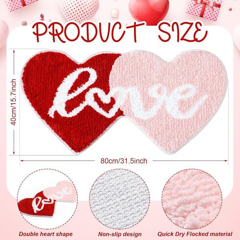 Hoolerry Valentine's Day Heart Rug Double Heart Shaped Rug Decor Non Slip Bathroom Rug Doormat Love Shag Shower Mat Bedroom Living Room Entrance Welcome Floor Decor, 15.75 x 31.5 in (Red and Pink) in Kuwait