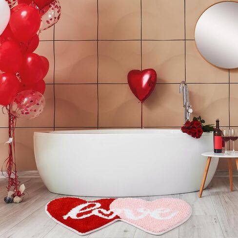 Hoolerry Valentine's Day Heart Rug Double Heart Shaped Rug Decor Non Slip Bathroom Rug Doormat Love Shag Shower Mat Bedroom Living Room Entrance Welcome Floor Decor, 15.75 x 31.5 in (Red and Pink) in Kuwait