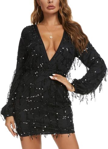Women's Sexy Deep V Neck Sequin Glitter Bodycon Short Mini Party Club Dress in Saudi Arabia