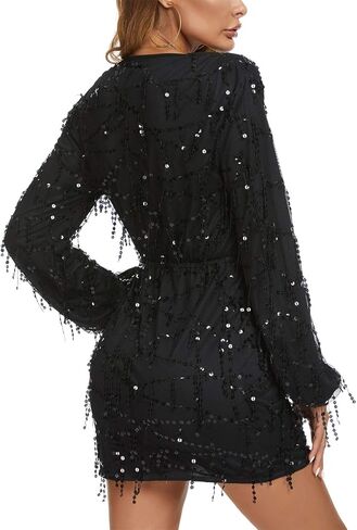Women's Sexy Deep V Neck Sequin Glitter Bodycon Short Mini Party Club Dress in Saudi Arabia