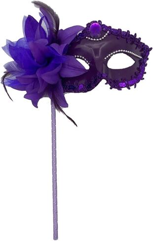 AZYOUNG Women’s Masquerade Half Face Mask on Stick with Black Silver Gold Painting and Side Feather Flower in Kuwait