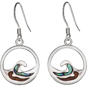 925 Sterling Silver Koa Wood and Abalone Shell Hawaiian Mauka to Makai Ocean Wave Dangle Hook Earrings, Nickel Free Hypoallergenic for Sensitive Skin, Gift Box Included