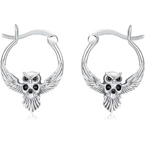 Gothic Owl Skull Hoop Earring 925 Sterling Silver Retro Vintage Owl Bird Skull Hoop Earrings Punk Halloween Jewelry Gift for Women Men Daughter Son