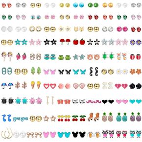 NEWITIN 100 Pairs Colorful Cute Stud Earrings for Girls Hypoallergenic Earrings Stainless Steel Earrings for Girls and Women
