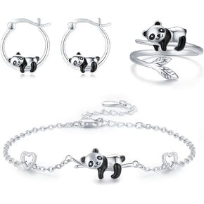 Panda Earrings/Bracelet/Ring 925 Sterling Silver Panda Jewelry Gift Hypoallergenic Earrings for Women Girls Panda Lover