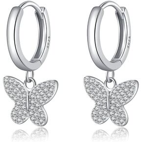 SLUYNZ 925 Sterling Silver CZ Buffterfly Hoop Earrings for Women Teens Sparkling Butterfly Hoop Earrings Huggie Drop