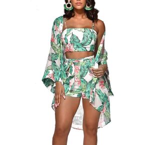 Nhicdns Womens Hawaiian Outfits 3 Piece Swimsuit Summer Beach Cover Ups Floral Kimono Cardigans Swimwear Shorts Set