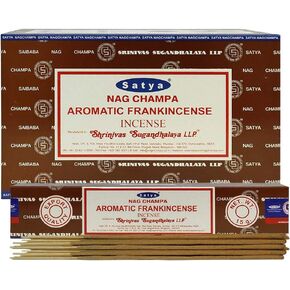 Satya Nag Champa Aromatic Frankincense Incense Sticks Pack of 12 Boxes 15gms Each Hand Rolled Agarbatti Fine Quality Incense Sticks for Purification, Relaxation, Positivity, Yoga, Meditation
