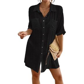 Eddoyee Women’s Button Down Shirts V-Neck Long Sleeve Bikini Bathing Suit Cover Up Plus Size Causal Blouse Beachwear
