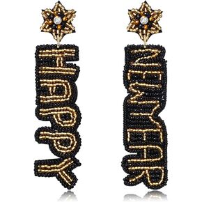 Holiday Earrings Happy New Year Earring for Women Beaded Clock Hat Cocktail Glass Dangle Earrings Handmade Star Tassel Earrings Festive Party Earrings Gifts
