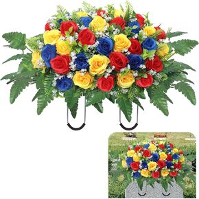 Cemetery Headstone Flower Saddle,Artificial Cemetery Flower Saddles for Graves,Artificial Rose Cemetery Memorial Flowers for Outdoor Tombstone Headstone Decorations (Yellow)