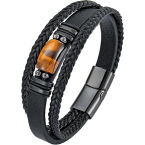 STARCHENIE Multi Strand Bracelet for Men Rectangle Authentic Tiger Eye Black Braided Leather Mens Bracelet Stainless Steel Buckle