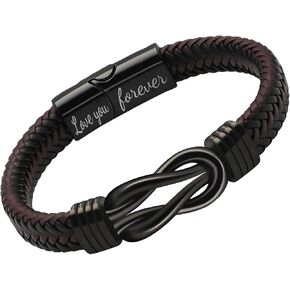 Leather Bracelet for Men Brown Braided Leather Bracelet Gift for Men Stainless Steel Bracelets Lettering Love You Forever, Gifts for Son Husband Father's Day Gift,Graduation Gift