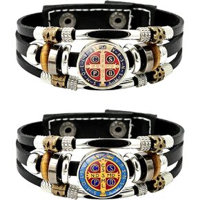 2Pcs Glow in The Dark Medalla de San Benito Bracelet Men's 3-layer Leather Saints Cross Bracelet Snap Buttons for Father Husband Couples Son Jewelry