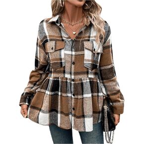 SweatyRocks Women's Long Sleeve Plaid Print Flare Hem Button Down Shirt Peplum Blouse