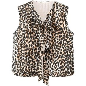 Women Leopard Puffer Vest Floral Print Quilted Jacket Tie Front Sleeveless Padded Gilet