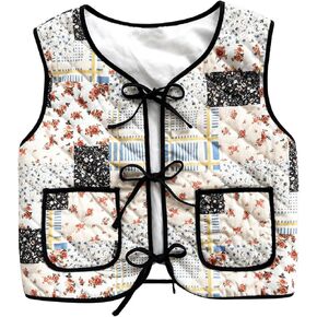 Verdusa Women's Floral Printed Bow Tie Front Sleeveless Crop Vest Jacket Cardigan with Pockets