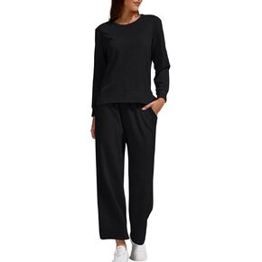Women’s Air Layer Fabric 2 Piece Set Stylish Long Sleeve Top & Wide Leg 3/4 Pants Lounge Matching Tracksuit