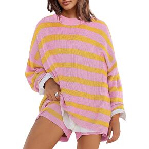 Womens 2 Piece Striped Sweater Lounge Set Oversized Long Sleeve Top Shorts Matching Outfit