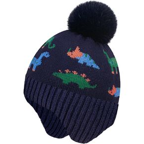 Kids Winter Hat Boys Toddler Knitted Pom Beanie Hat Earflap Fleece Lining Kids Hat Ages 3-12