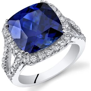 PEORA Created Blue Sapphire Signature Ring for Women 925 Sterling Silver, Large 7.75 Carats Cushion Cut 11mm, Sizes 5 to 9