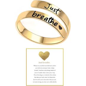 Just Breathe Ring, Adjustable Inspirational Heart Rings Stainless Steel Spiral Wrap Twist Healing Rings To Sorority Sisters Open Motivational Encouragement Love Yourself Jewelry for Women