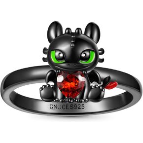 GNOCE HTTYD Train Your Dragon Toothless Embraces Heart Ring for Women,S925 Sterling Silver Ring for Her Wife, Valentine‘s Day, Mother’s Day, Jewelry, Size 5-9