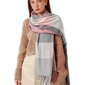 Campsis Women's Winter Scarf Pink Warm Big Grid Long Shawls Wraps Cozy Cashmere Feel Pashmina Shawl Wraps Skiing Cycling Camping for Women and Girls