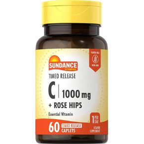 Sundance Vitamin C with Rose Hips | 1000mg | 60 Caplets | Timed Release | Essential Vitamin | Vegetarian, Non-GMO, and Gluten Free Supplement