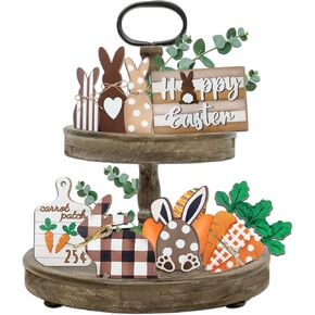 Easter Bunny Tiered Tray Decor, Farmhouse Tiered Tray Decorations, Happy Easter Bunny Carrots Buffalo Plaid Wooden Signs, Spring Rustic Rabbit Decor for Home Table Mantel Church Party