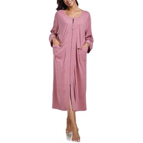 COLORFULLEAF 100% Cotton Zipper Robes for Women 3/4 Sleeve Bathrobe Lightweight with Pockets Loungewear