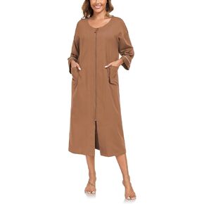 COLORFULLEAF 100% Cotton Zipper Robes for Women 3/4 Sleeve Bathrobe Lightweight with Pockets Loungewear in Kuwait