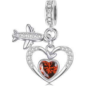 PROESS Birthstone Heart Charm with Airplane Charms for Bracelets Sterling Silver Heart Beads for Women Mom Lover