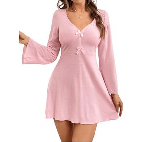 MakeMeChic Women's Deep V Neck Bell Sleeve Bow Front Nightdress Basic Comfy Loungewear
